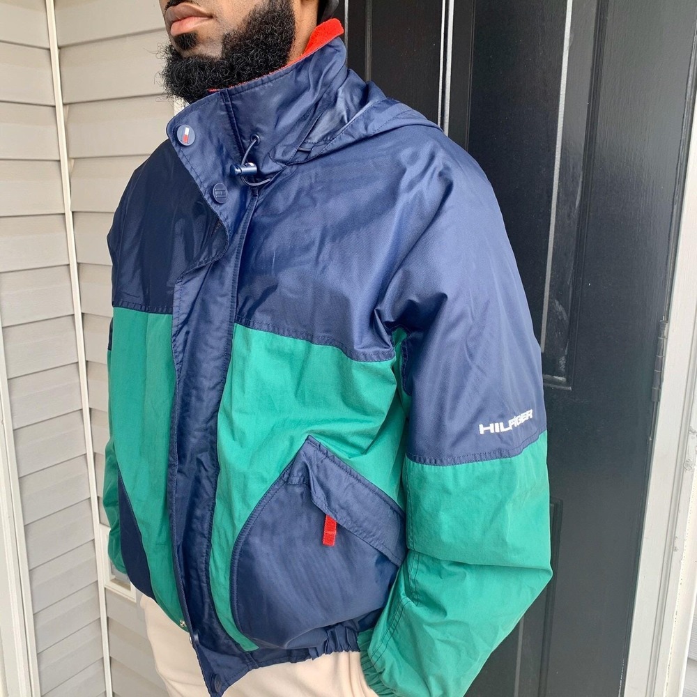 Men's Vintage Tommy Hilfiger Green Blue & Red color block  jacket coat Sz M